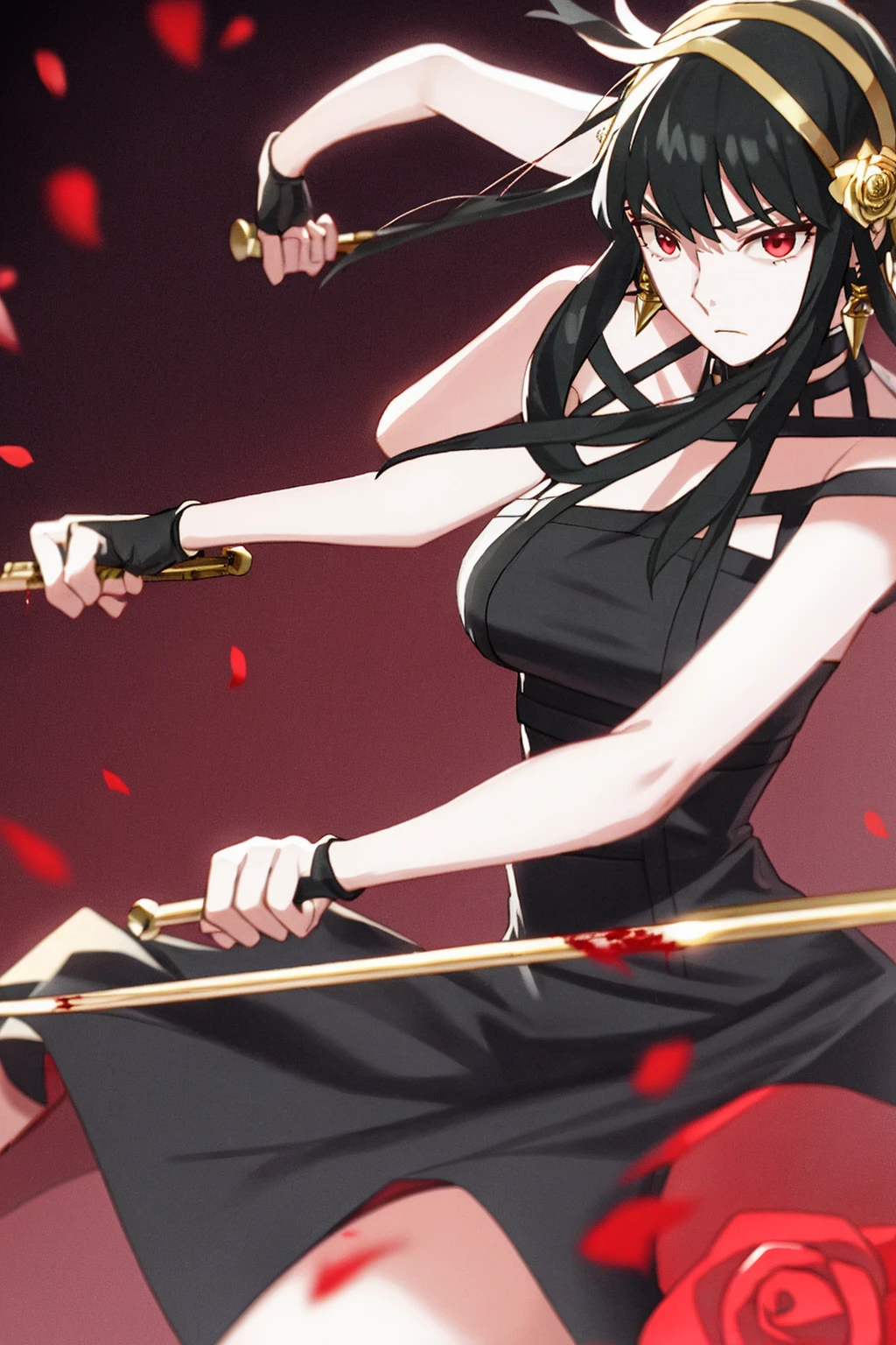 yor briar,
1girl, backlighting, bare shoulders, black background, black dress, black gloves, black hair, blood, blood on face, blood on weapon, breasts, closed mouth, cowboy shot, dress, earrings, expressionless, fingerless gloves, floating hair, floral print, flower, gloves, gold earrings, gold hairband, hair flower, hair ornament, hairband, holding, holding weapon, jewelry, large breasts, light particles, long hair, looking at viewer, off-shoulder dress, off shoulder, petals, red eyes, rose, rose petals, rose print, short hair with long locks, sidelocks, solo, spikes, thighs, two-sided dress, two-sided fabric, weapon
, ((masterpiece))