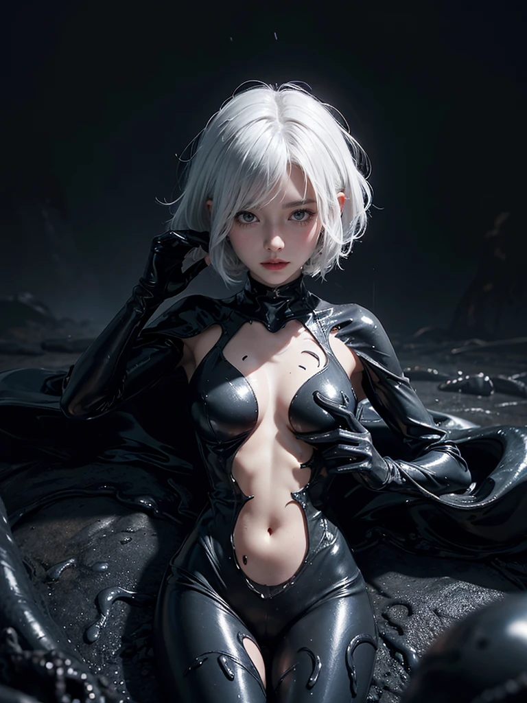 a women lying body and symbiote, short white hair, small breast covered. wets body, body full of slime, full black-slime tentacles on arround. junkyard background, rain. venom symbiote, cinematic