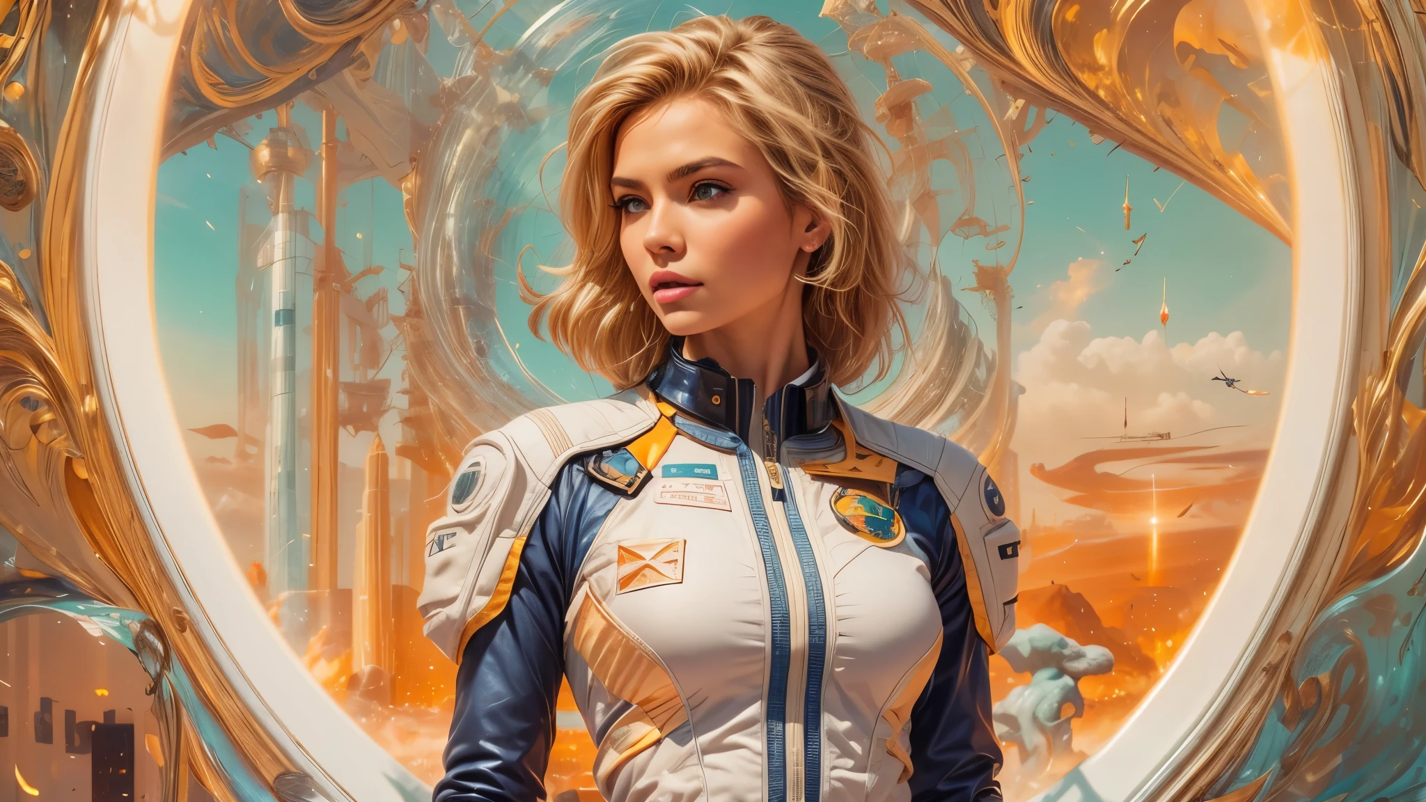 arafed image of a white woman in a futuristic suit with a spaceship in the background, movie art, in front of an orange background, inspired by Robert McGinnis, female protagonist, megastructure in the background, portrait of an ai astronaut, astronauts, an astronaut, portrait of a astronaut skeletor, perfect android girl, detailed eyes, frank franzzeta and sakimichan  