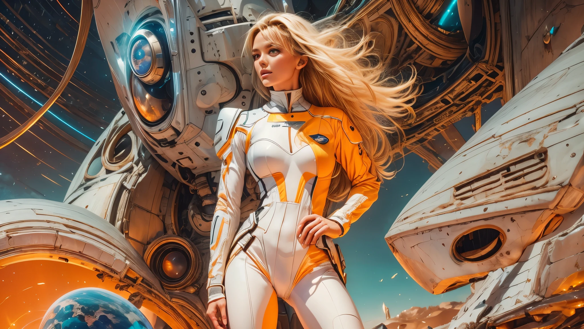 arafed image of a white woman in a futuristic suit with a spaceship in the background, movie art, in front of an orange background, inspired by Robert McGinnis, female protagonist, megastructure in the background, portrait of an ai astronaut, astronauts, an astronaut, portrait of a astronaut skeletor, perfect android girl, detailed eyes, frank franzzeta and sakimichan  