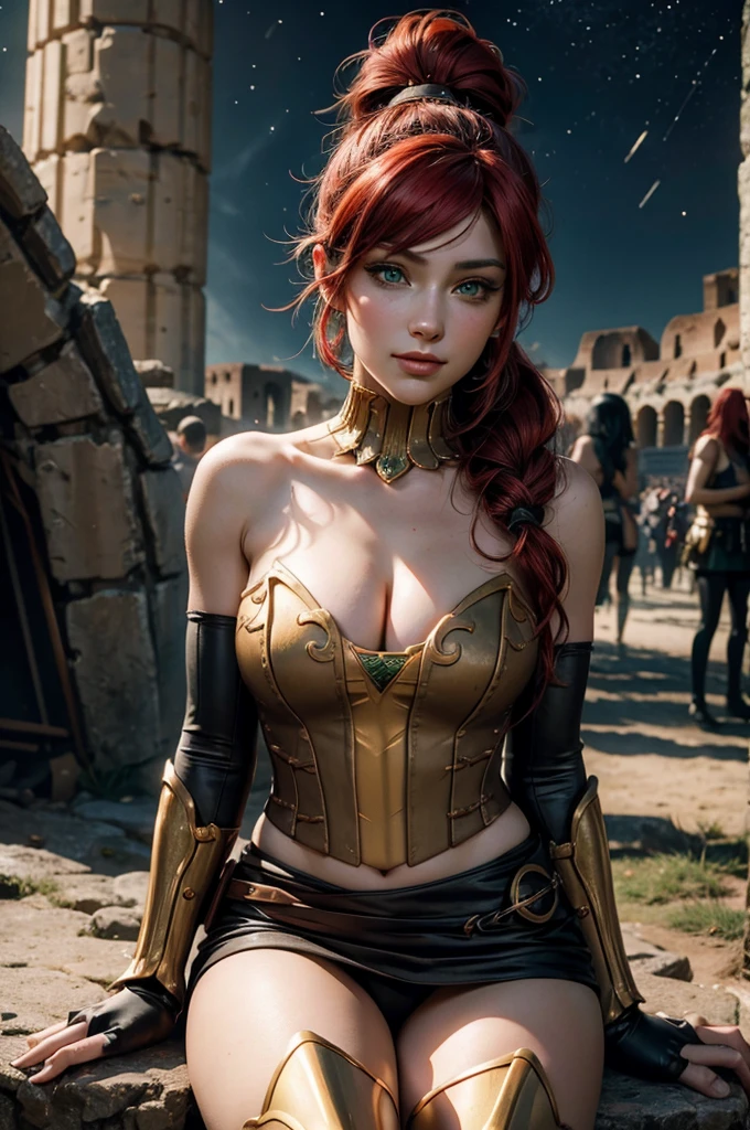 stunning girlfriend, heart shaped face, elegant face, beautiful face, highly detailed face, highly detailed skin, skin pores, subsurface scattering, realistic pupils, full lips, detailed background, depth of field, atmospheric perspective, volumetric lighting, sharp focus, absurdres, realistic proportions, good anatomy, (realistic, hyperrealistic:1.4), 16k hdr, ((best quality)), ((highly detailed)), absurdres, (detailed eyes, deep eyes), (1girl), full body, pyrrha nikos, rwby, red hair, ponytail, green eyes, medium breasts, smile, circlet, bustier, bare shoulders, skirt, elbow gloves, bracers, armored boots,  standing, on mountain side, crowd