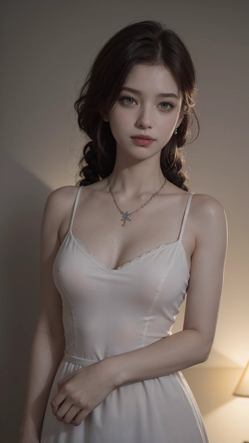 (RAW photo, best quality), (realistic, photo-realistic:1.3), very pale skin, Ultra Detailed Face, Detailed Lips, black lipstick, Fine Eyes, double eyelids, extremely delicate and beautiful, Amazing, finely detail, masterpiece, ultra-detailed, highres, best illustration, best shadow, intricate, depth of field, ((((low key,dark scene,dimly lit)))),(((soft lighting:1.4))),(pale skin:1.4),(shy smile),(cinematic angle),sharp focus, volumetric fog, 8k UHD, DSLR, high quality,( film grain:1.4), Fujifilm XT3,(looking at viewer), pale skin, ((masterpiece))、(((highest quality)))、photorealistic, Raw photography, An illustration、1 girl、8k, RAW Photography, portrait, top-quality, ultra high resolution, Braid, piercings, Photorealistic, a adorable girl, full bodyesbian, red hair, Green eyes, a necklace, a smile, eye lashes, cinema lighting, depth of fields, lens-flare, camisole, masterpiece, extremely detailed eyes and face, bokeh, silky smooth skin, long beautiful hair, (gray nit short dress), (full body shot), (14 year old)