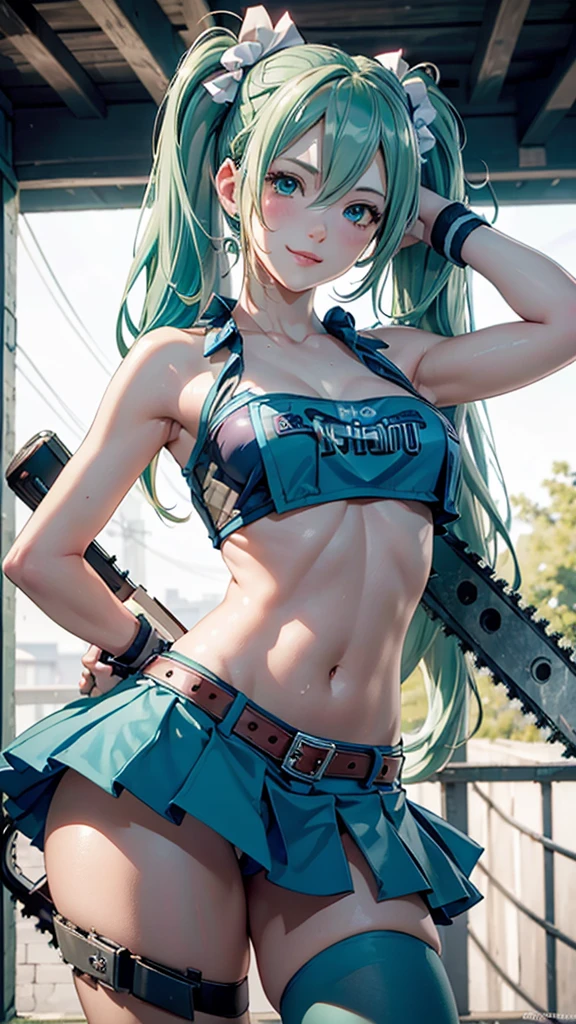 Super detailed, NSFW, masterpiece, High resolution, Photorealistic digital art, perfect lighting, (((1 girl, perfect anatomy))), accurate right hand, accurate left hand, five fingers, perfect style, shy smile, (hatsune miku,) 3d face, big light blue-green eyes, glossy lips, blue-green long hair, shiny skin, smile, (((twin tails))), big square hair accessories, (((Juliet))), Blue cheerleader outfit, Hold the chainsaw, Covered in a lot of blood, Focus on the groin, outdoor,