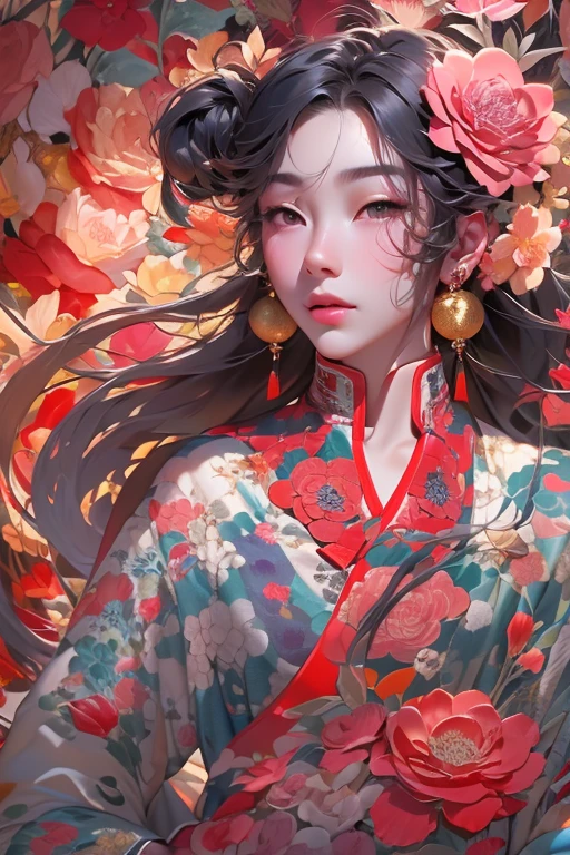 (masterpiece,Top Quality,highest quality,Official Art,beauty and aesthetics:1.2),(One girl:1.3),Very detailed,(Fractal Art:1.1),(color:1.1)(flowers bloom:1.3),Most detailed,( Tangled:1.2), (Dynamic pose), (Abstract background:1.3), (Chinese traditional cloth:1.2), (Shiny skin), (たくさんのcolor:1.4), ,(Earrings:1.4),