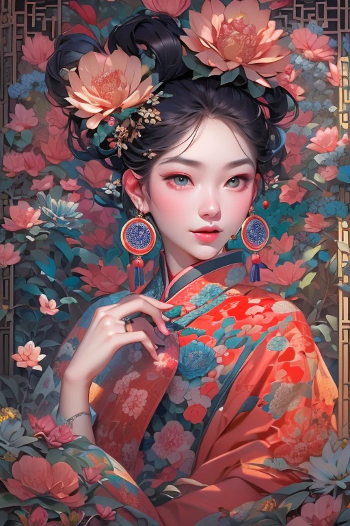 （masterpiece，Top Quality，highest quality，Official Art，beauty and aesthetics：1.2），（One girl：1.3），Very detailed，（Fractal Art：1.1），（color：1.1）（flowers bloom：1.3），Most detailed，（ Tangled:1.2), (Dynamic pose), (Abstract background:1.3), (Chinese traditional cloth:1.2), (Shiny skin), (たくさんのcolor:1.4), ,(Earrings:1.4)，