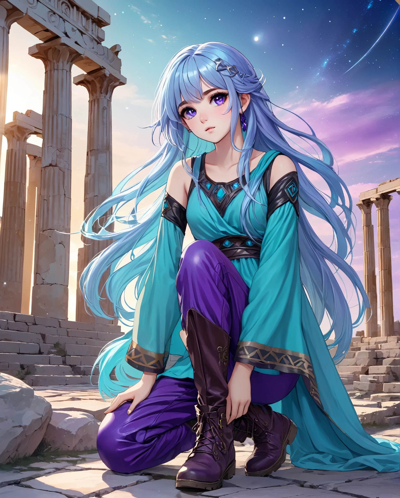 Masterpiece. High-resolution. 1girl about 20 years old. Pretty beautiful girl. Pretty big purple eyes. Delicate face. Beautiful face. (((Long light blue hair))). Straight hair. Messy hair. Hair bangs. Turquoise tunic. Purple tide pants. Leather boots. Greek ruins background with cosmic Sky.