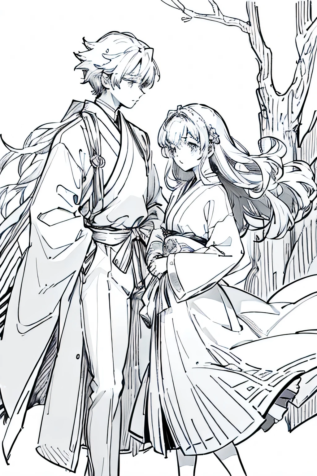 coloring page coloring pages, in the style of light beige and silver Anime princ and princess couple with clothes in the wind, anime style, Japanese anime style,