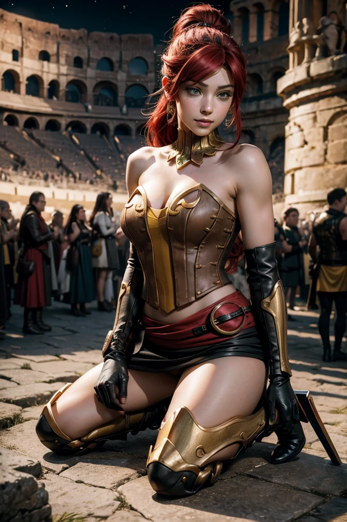 stunning girlfriend, heart shaped face, elegant face, beautiful face, highly detailed face, highly detailed skin, skin pores, subsurface scattering, realistic pupils, full lips, detailed background, depth of field, atmospheric perspective, volumetric lighting, sharp focus, absurdres, realistic proportions, good anatomy, (realistic, hyperrealistic:1.4), 16k hdr, ((best quality)), ((highly detailed)), absurdres, (detailed eyes, deep eyes), (1girl), full body, pyrrha nikos, rwby, red hair, ponytail, green eyes, medium breasts, smiling, circlet, bustier, bare shoulders, skirt, elbow gloves, bracers, armored boots, (night, stars, kneeling inside Colosseum, crowd, (crowd wearing traditional Greek clothing))