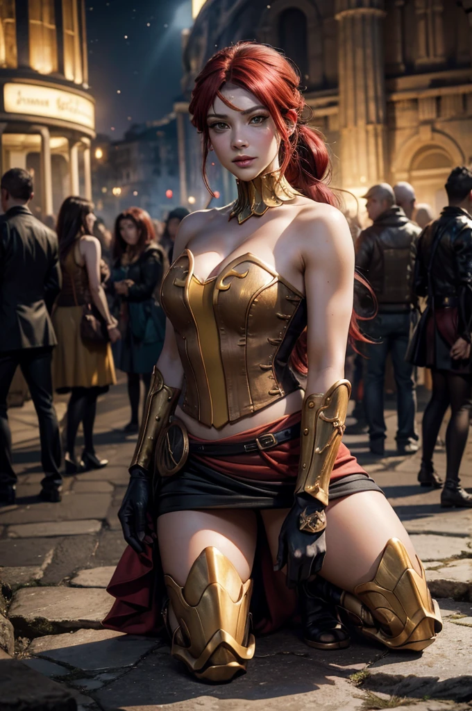 stunning girlfriend, heart shaped face, elegant face, beautiful face, highly detailed face, highly detailed skin, skin pores, subsurface scattering, realistic pupils, full lips, detailed background, depth of field, atmospheric perspective, volumetric lighting, sharp focus, absurdres, realistic proportions, good anatomy, (realistic, hyperrealistic:1.4), 16k hdr, ((best quality)), ((highly detailed)), absurdres, (detailed eyes, deep eyes), (1girl), full body, pyrrha nikos, rwby, red hair, ponytail, green eyes, medium breasts, smiling, circlet, bustier, bare shoulders, skirt, elbow gloves, bracers, armored boots, (night, stars, kneeling inside Colosseum, crowd, (crowd wearing traditional Greek clothing))