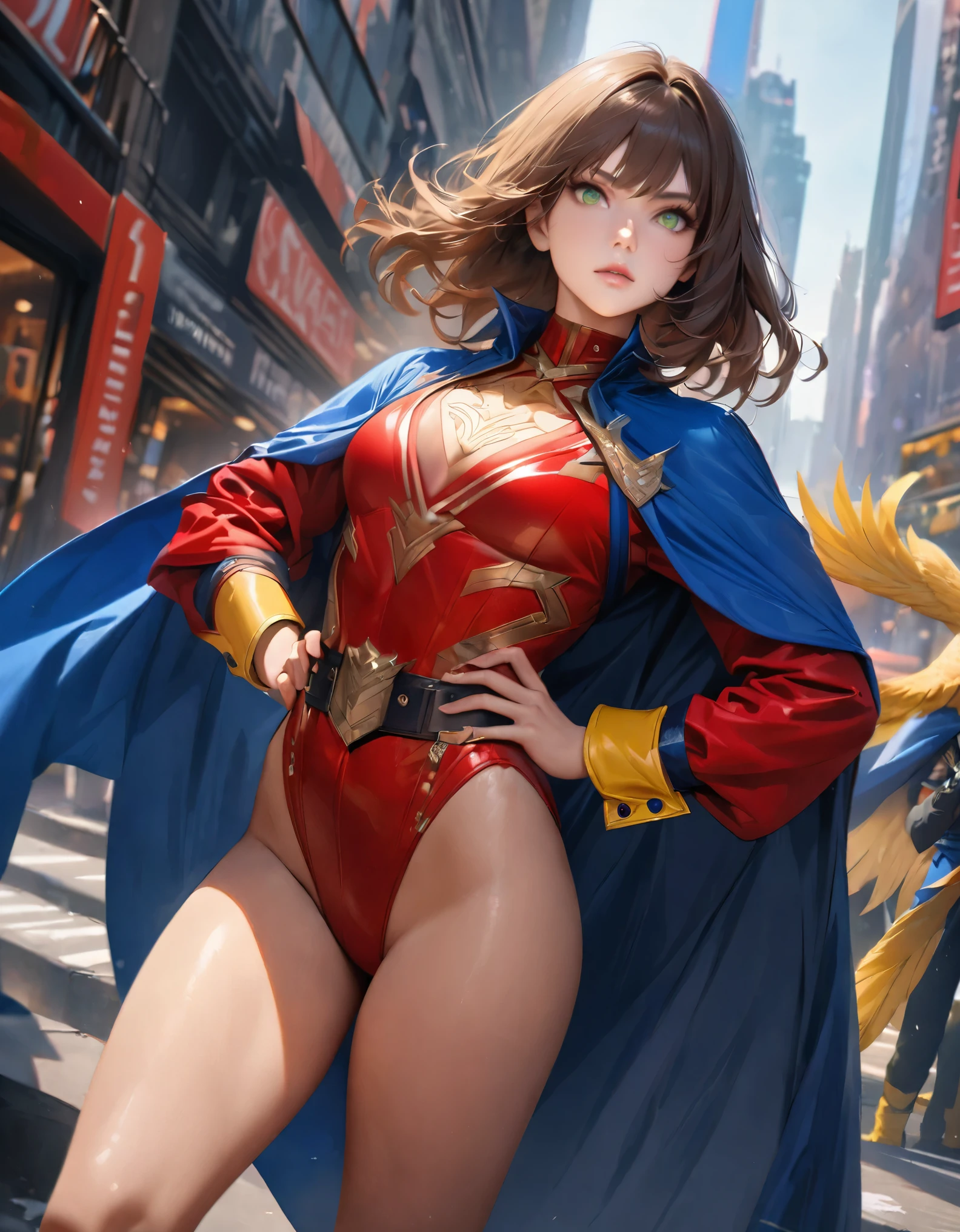((best quality)), ((masterpiece)), ((ultra realistic)), (dynamic heroic pose), solo, solo focus, american, beautiful detailed face, detailed eyes, sexy heroine, ((dressed in a red leotard with blue accents)), new york city backdrop, highly detailed, professional, bare legs, full body), hands on hip, standing, ((brown hair, medium hair)), green eyes, matching boots, yellow boots, ((long sleeves, yellow cuffs)), yellow hawk-shaped crest engraved on chest, ((blue cape)), cowboy shot, fastened tight belt, (perfect hands), full body with costume.