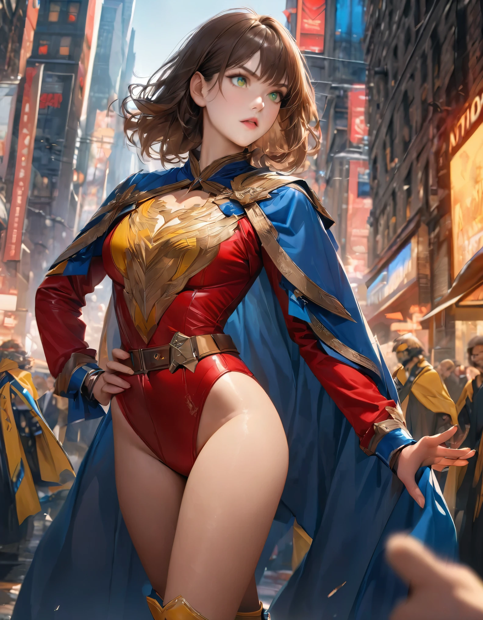 ((best quality)), ((masterpiece)), ((ultra realistic)), (dynamic heroic pose), solo, solo focus, american, beautiful detailed face, detailed eyes, sexy heroine, ((dressed in a red leotard with blue accents)), new york city backdrop, highly detailed, professional, bare legs, full body), hands on hip, standing, ((brown hair, medium hair)), green eyes, matching boots, yellow boots, ((long sleeves, yellow cuffs)), yellow hawk-shaped crest engraved on chest, ((blue cape)), cowboy shot, fastened tight belt, (perfect hands), full body with costume.