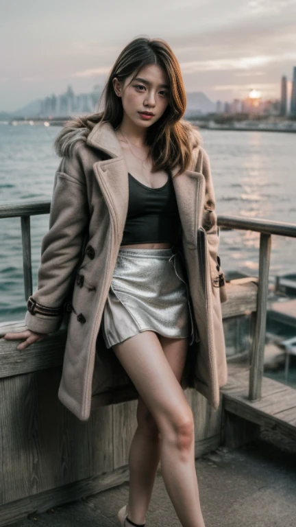 Film Style、8k、Ultra HD resolution、Inspired by the 007 movie、Storytelling、Ultra HD resolution、((best quality, Highest image quality, high resolution, Practical, original photo, 8k)), ((perfect composition、Golden Ratio))、(Full body female love),A beautiful lady sitting on the railing, Exquisite makeup,seaside,Perfect body,(((Wear a furry coat、Intricate short skirts:1.2))),Detailed knitted fabric,belly button,Sexy long legs,Water splashing on thighs,Sexy high heels,space art,Slim abdominal muscles,,Beautiful face,Very detailed的脸部细节,smart eyes,
Film Art Theme, High Detail, Very detailed,Practical, Photo quality, high quality, (photoPractical:1.4), Storytelling的情景,Perfect work of art,real background,At sunset,The endless sea in the background,With your back to the audience
