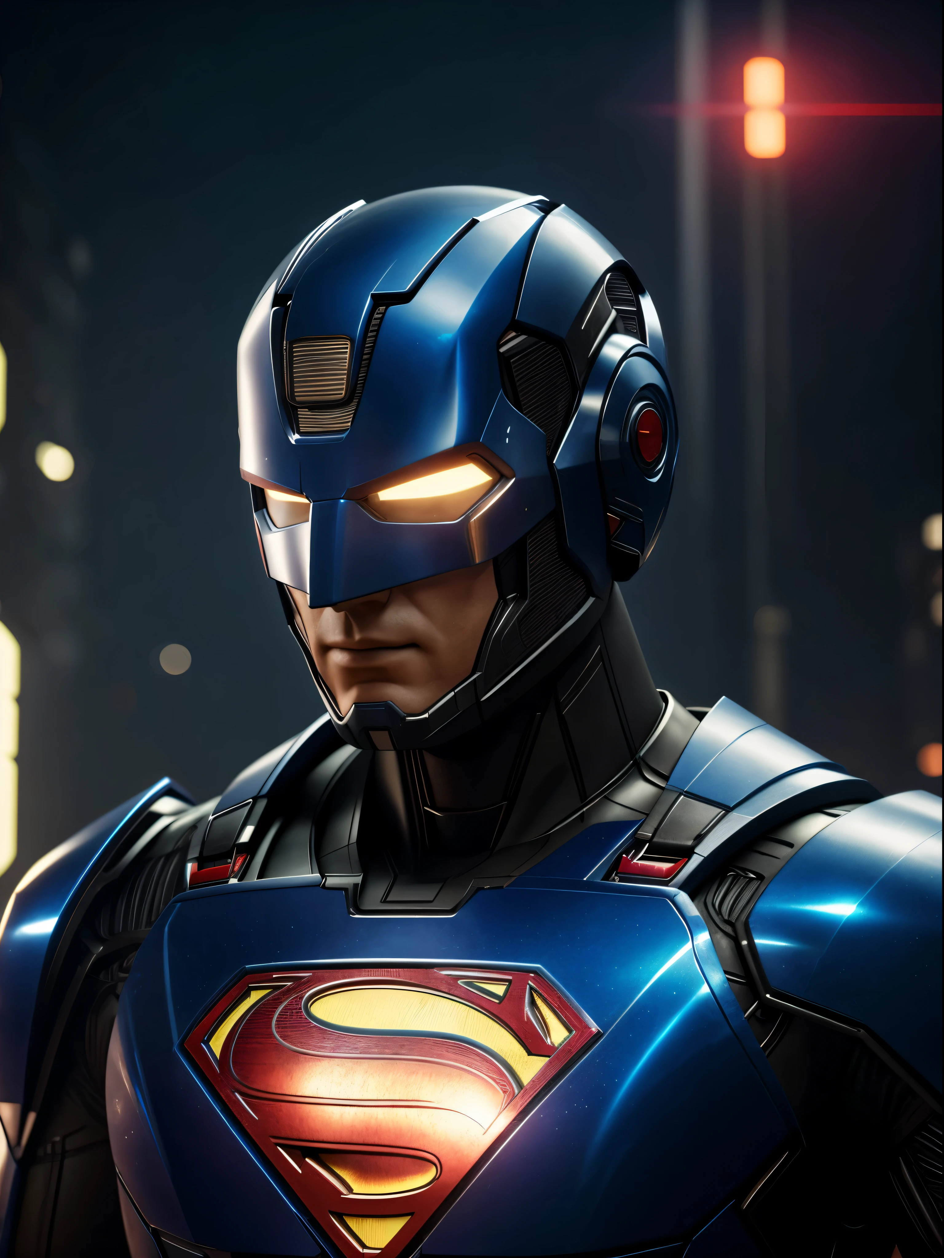 Superman Robot, Robotic style, humanoid robot, Male robot, there is a Superman in a helmet and a helmet on, concept art, cinematic 4k octane render, octane render sci - fi, octane render cinematic, cinematic render unreal engine, 4 k cinematic octane render, cinematic unreal 5, cinematic render, cgsociety uhd 4k highly detailed, cyberpunk art ultrarealistic 8k, detailed cinematic render, cinematic 3d render, 8k octane render