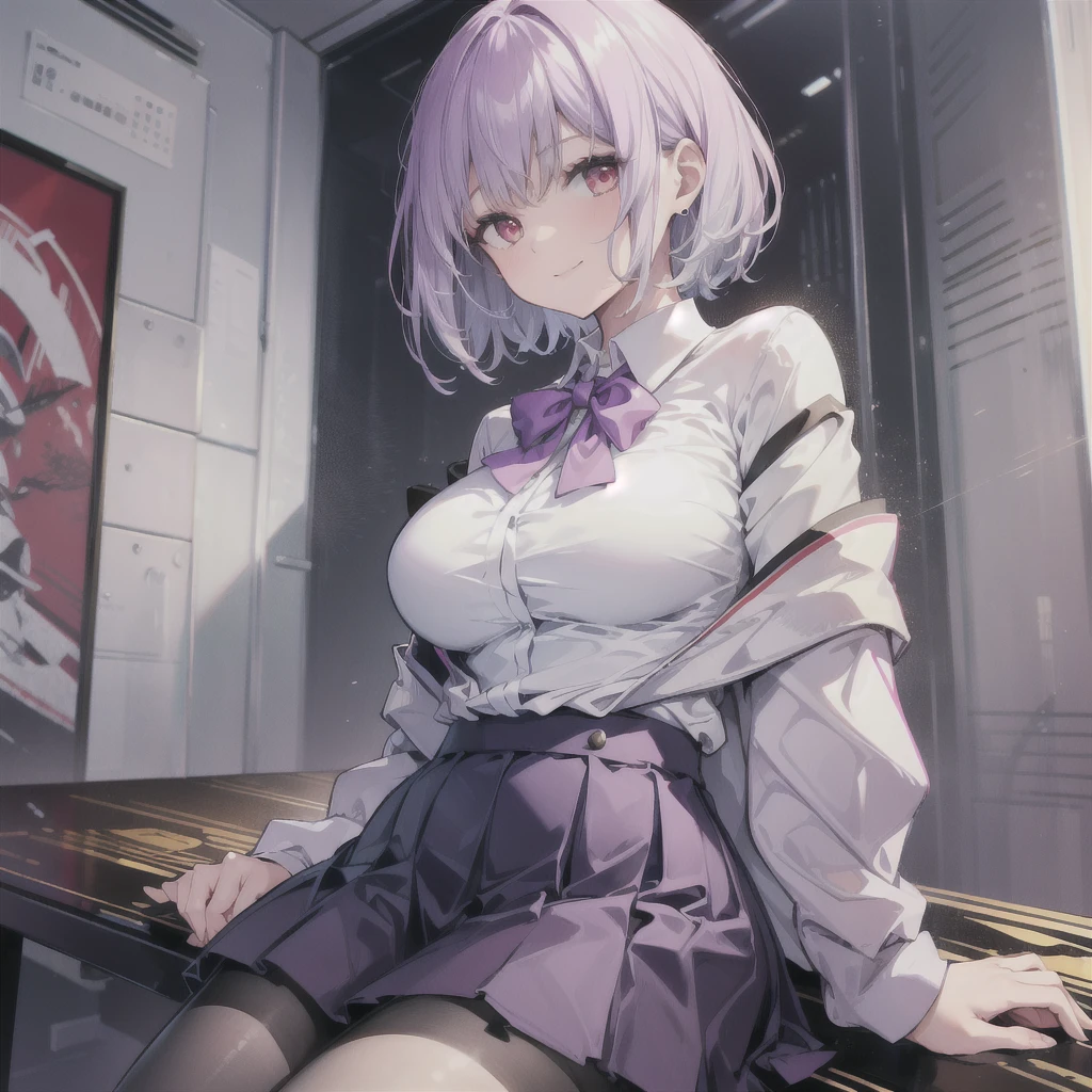 superfine illustration,(perfect anatomia), anime illustrated,masterpiece, top-quality, hight resolution,
1girl in, (Chiquita:1.2),aaakane, short hair, red eyes, large breasts, purple bowtie, collared shirt, white shirt, off shoulder, purple jacket, partially unzipped, long sleeves, sleeves past wrists, pleated skirt, black skirt, pantyhose,
Smile,
Looking at Viewer, Focus,