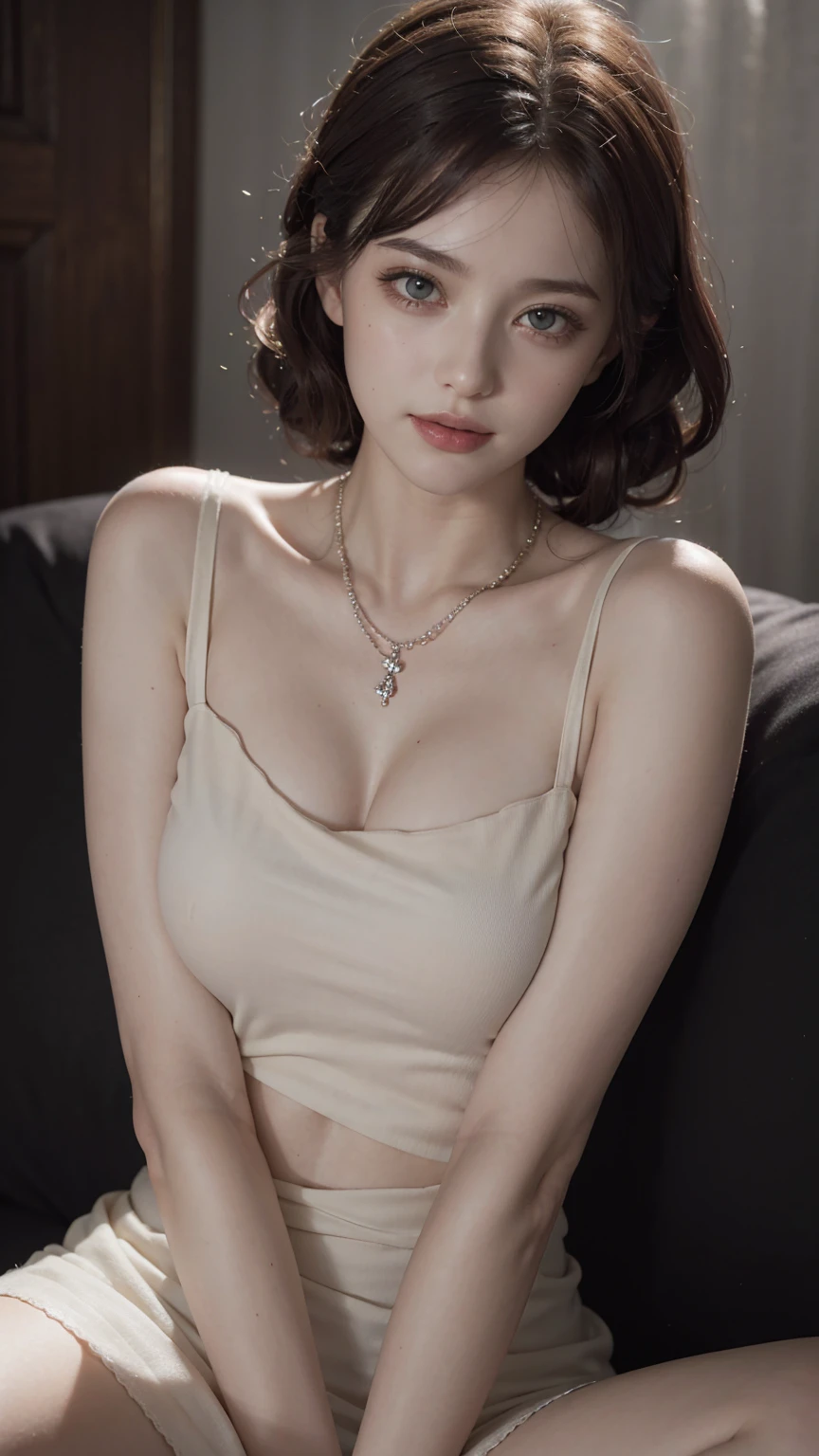(RAW photo, best quality), (realistic, photo-realistic:1.3), very pale skin, Ultra Detailed Face, Detailed Lips, black lipstick, Fine Eyes, double eyelids, extremely delicate and beautiful, Amazing, finely detail, masterpiece, ultra-detailed, highres, best illustration, best shadow, intricate, depth of field, ((((low key,dark scene,dimly lit)))),(((soft lighting:1.4))),(pale skin:1.4),(shy smile),(cinematic angle),sharp focus, volumetric fog, 8k UHD, DSLR, high quality,( film grain:1.4), Fujifilm XT3,(looking at viewer), pale skin, ((masterpiece))、(((highest quality)))、photorealistic, Raw photography, An illustration、1 girl、8k, RAW Photography, portrait, top-quality, ultra high resolution, Braid, piercings, Photorealistic, a adorable girl, full bodyesbian, red hair, Green eyes, a necklace, a smile, eye lashes, cinema lighting, depth of fields, lens-flare, camisole, masterpiece, extremely detailed eyes and face, bokeh, silky smooth skin, long beautiful hair, (gray nit short dress), (full body shot), (14 year old)