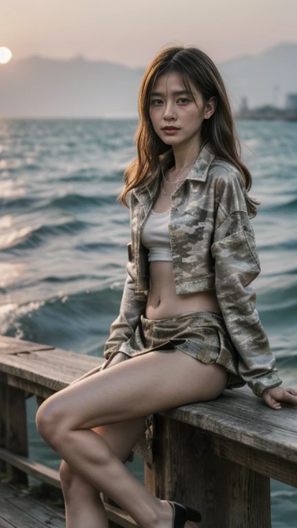 Film Style、8k、Ultra HD resolution、Inspired by the 007 movie、Storytelling、Ultra HD resolution、((best quality, Highest image quality, high resolution, Practical, original photo, 8k)), ((perfect composition、Golden Ratio))、(Full body female love)，A beautiful lady sitting on the railing， Exquisite makeup，seaside，Perfect body，(((Wearing a digital camouflage jacket、Intricate short skirts:1.2))),Detailed knitted fabric，belly button，Sexy long legs，Water splashing on thighs，Sexy high heels，space art,Slim abdominal muscles,，Beautiful face，Very detailed的脸部细节，smart eyes，
Film Art Theme, High Detail, Very detailed，Practical, Photo quality, high quality,  (photoPractical:1.4), Storytelling的情景，Perfect work of art，real background，At sunset，The endless sea in the background，With your back to the audience