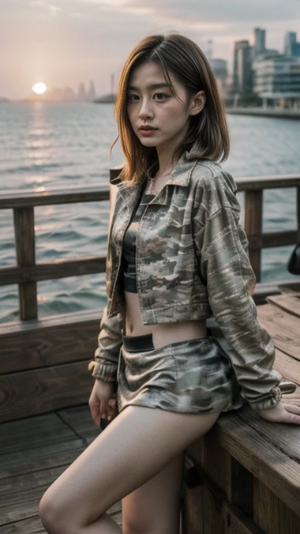 Film Style、8k、Ultra HD resolution、Inspired by the 007 movie、Storytelling、Ultra HD resolution、((best quality, Highest image quality, high resolution, Practical, original photo, 8k)), ((perfect composition、Golden Ratio))、(Full body female love),A beautiful lady sitting on the railing, Exquisite makeup,seaside,Perfect body,(((Wearing a digital camouflage jacket、Intricate short skirts:1.2))),Detailed knitted fabric,belly button,Sexy long legs,Water splashing on thighs,Sexy high heels,space art,Slim abdominal muscles,,Beautiful face,Very detailed的脸部细节,smart eyes,
Film Art Theme, High Detail, Very detailed,Practical, Photo quality, high quality, (photoPractical:1.4), Storytelling的情景,Perfect work of art,real background,At sunset,The endless sea in the background,With your back to the audience