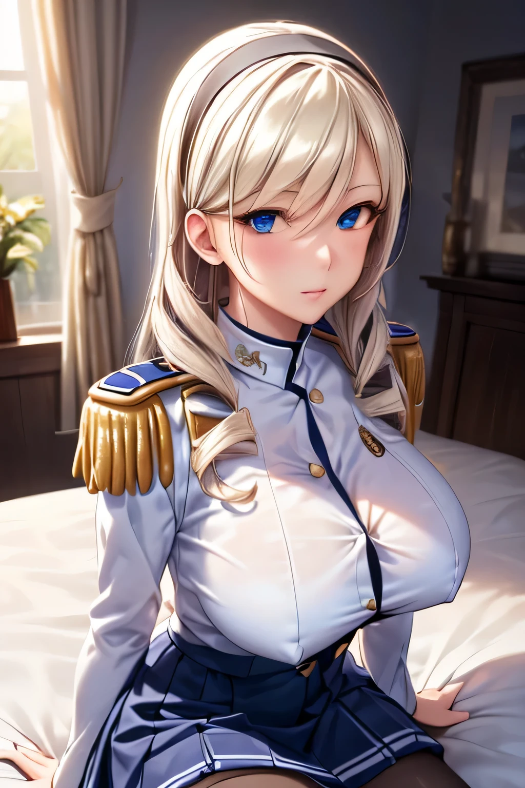 (masterpiece:1.2), best quality, high resolution, unity 8k wallpaper, (illustration:0.8), (beautiful detailed face:1.2, beautiful detailed eyes:1.2), perfect lighting, extremely detailed CG, (perfect hands, perfect anatomy),
Cute, beautiful, charming lady, shiny hair, lustrous skin, beautiful light big eyes,
milf, married woman, soft With a gentle appearance and a gentle mother-like atmosphere,
Feminine style, beautiful kubire, beautiful, naughty face,
celia _a, long hair, blonde hair, blue eyes, large breasts, white uniform, hairband, epaulettes, blue skirt, pleated skirt, pantyhose, high heel boots,
