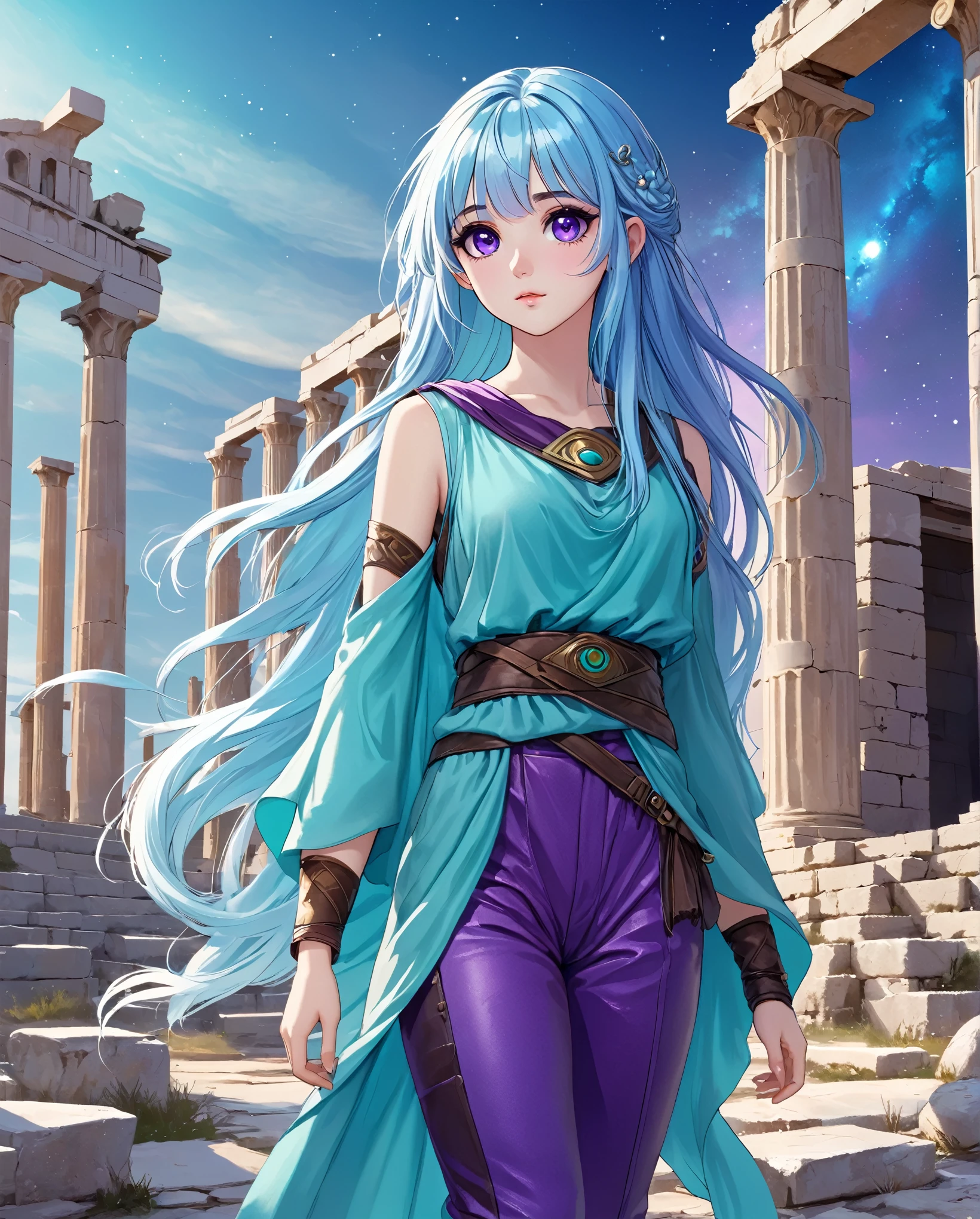 Masterpiece. High-resolution. 1girl about 20 years old. Pretty beautiful girl. Pretty big purple eyes. Delicate face. Beautiful face. (((Long light blue hair))). Straight hair. Messy hair. Hair bangs. Turquoise tunic. Purple tide pants. Leather boots. Greek ruins background with cosmic Sky.