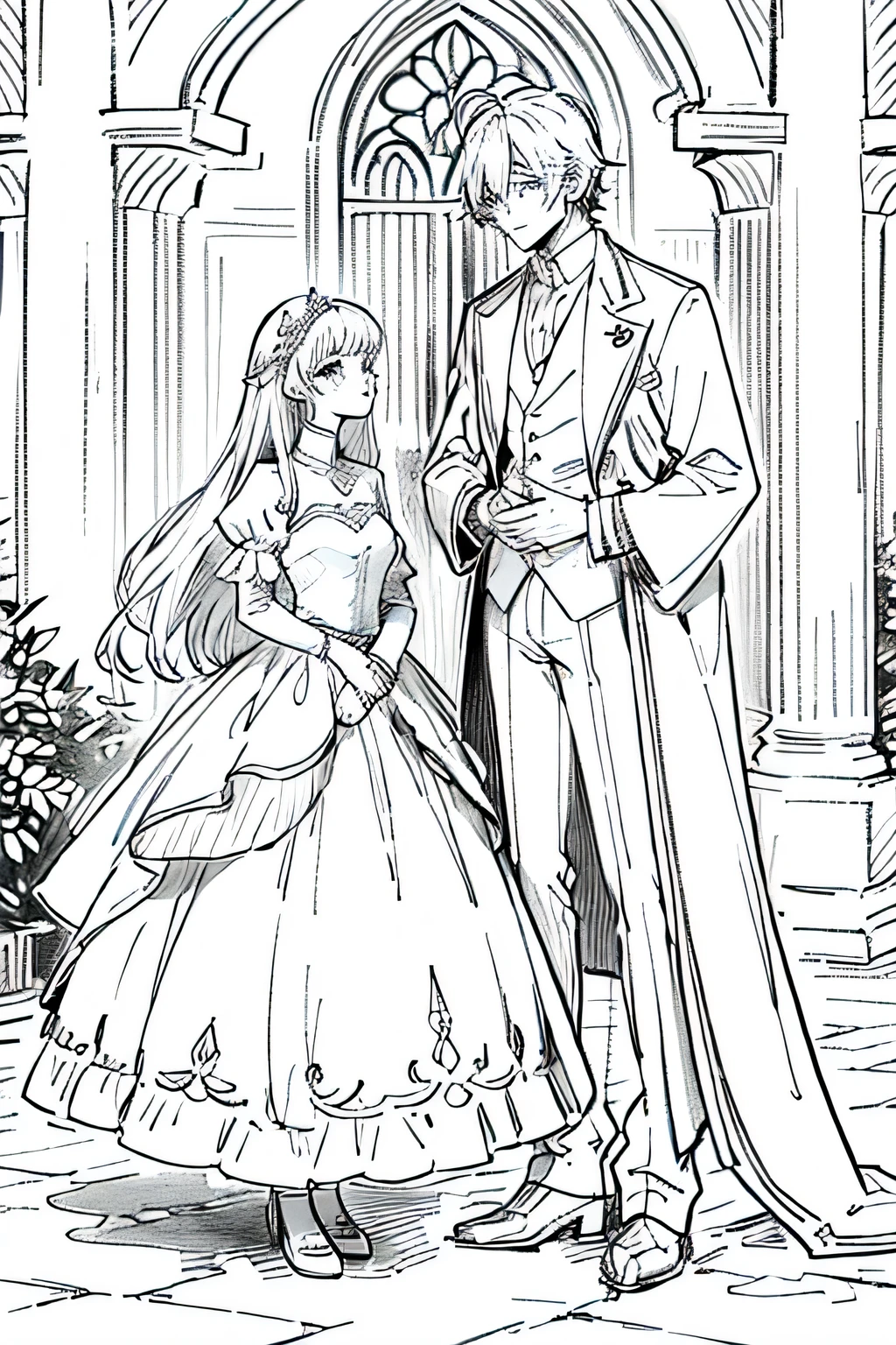 coloring page coloring pages, in the style of light beige and silver Anime princ and princess couple with clothes, outdoor, forest, romantic, rich, castle¨