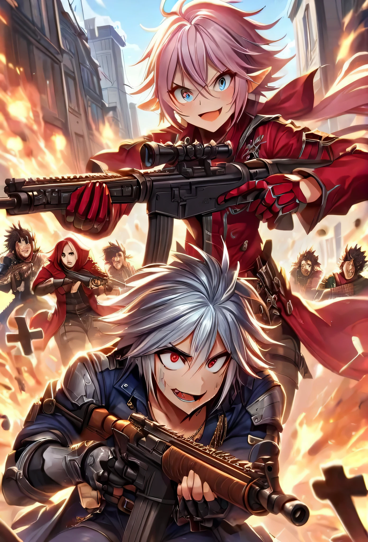 1 garota, mercenary, cabelo rosa, cabelo medio, cabelos ondulados olhos azuis, hazelnut, maniacal laughter, Sobrancelha em forma de V, evil smile, open mouth ammunition belt, granadas, coldre de pistola suspenso no quadril direito, pistola no coldre no quadril direito, (Segurando um rifle de assalto, visando o espectador), rua de Nova York, tiroteio, Tiroteio, atirou em cruzadores da NYPD, an explosion in the street