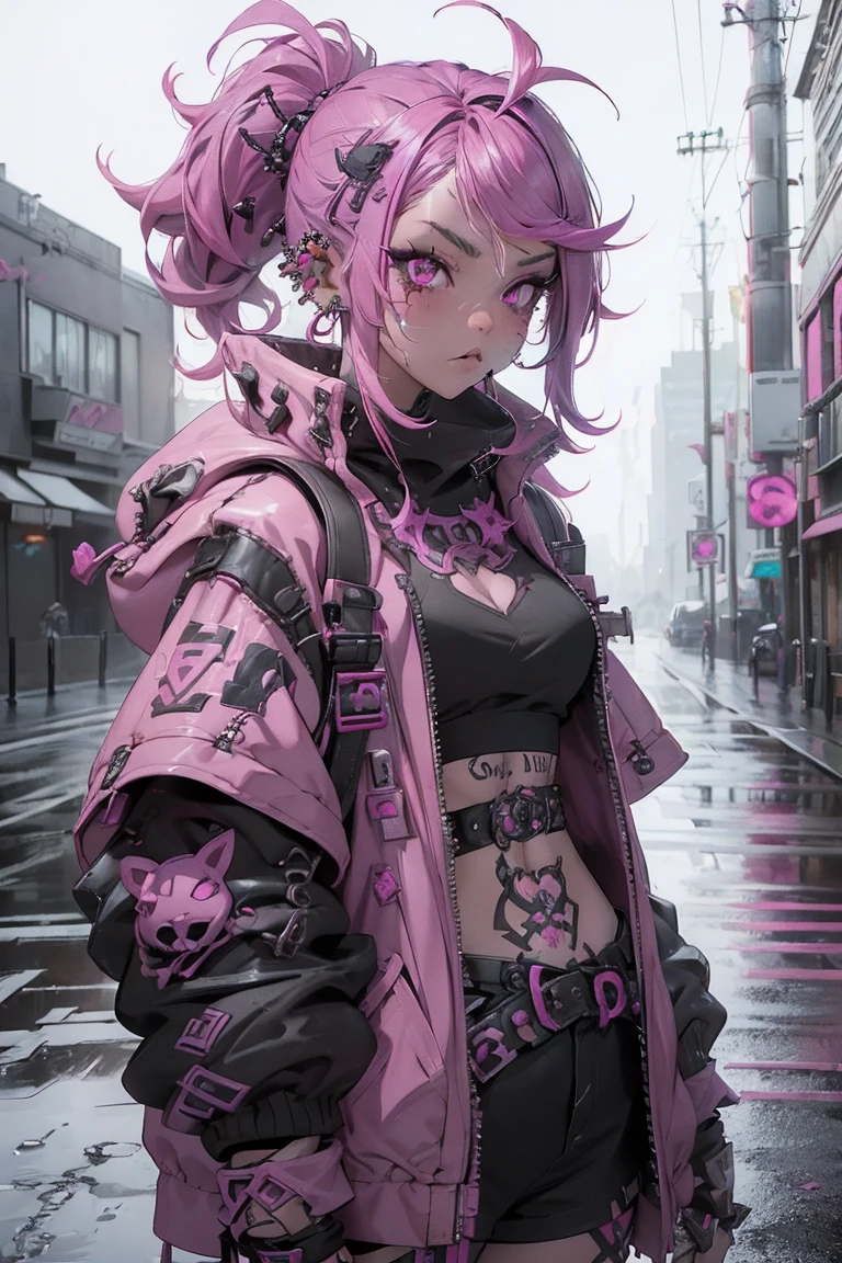 (highest quality、8k、32k、masterpiece、Hmph:1.3)、(Photorealistic:1.4),(Shoot from the front,View Viewer 1.5)、18-year-old punk girl,Unusual punk hair,(Multiple piercings in the face、Tattoo 1.5)、((Black and shocking red punk fashion 1.5)),Studded clothing、(Pink Hair 1.5),Wacky makeup、、Dark Background、Desolate city in the rain、Puddles on the road、(Cinema Lighting)、Written boundary depth,blurred background、