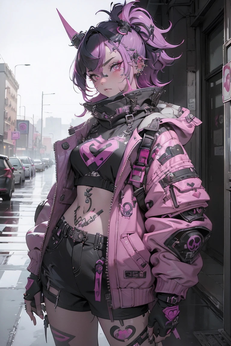 (highest quality、8k、32k、masterpiece、Hmph:1.3)、(Photorealistic:1.4),(Shoot from the front,View Viewer 1.5)、18-year-old punk girl,Unusual punk hair,(Multiple piercings in the face、Tattoo 1.5)、((Black and shocking red punk fashion 1.5)),Studded clothing、（Pink Hair 1.5）,Wacky makeup、、Dark Background、Desolate city in the rain、Puddles on the road、(Cinema Lighting)、Written boundary depth,blurred background、