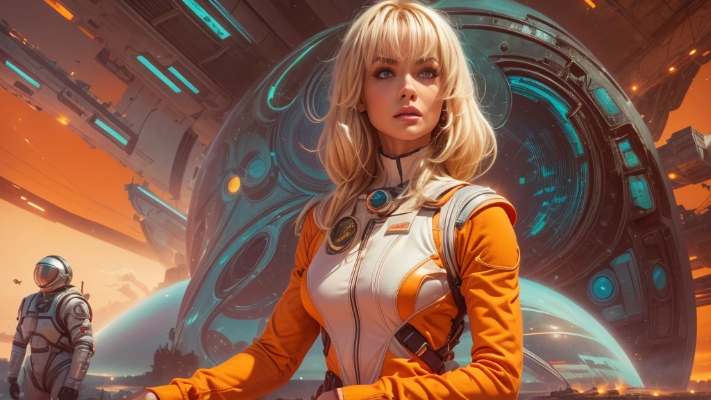 arafed image of a white woman in a futuristic suit with a spaceship in the background, movie art, in front of an orange background, inspired by Robert McGinnis, female protagonist, megastructure in the background, portrait of an ai astronaut, astronauts, an astronaut, portrait of a astronaut skeletor, perfect android girl, detailed eyes, frank franzzeta and sakimichan