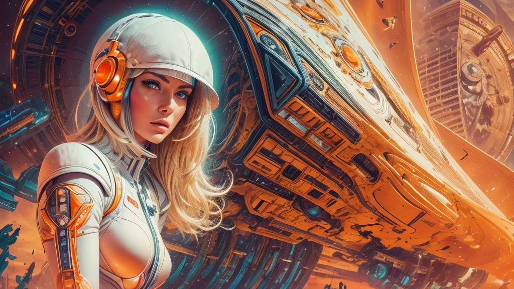 arafed image of a white woman in a futuristic suit with a spaceship in the background, movie art, in front of an orange background, inspired by Robert McGinnis, female protagonist, megastructure in the background, portrait of an ai astronaut, astronauts, an astronaut, portrait of a astronaut skeletor, perfect android girl, detailed eyes, frank franzzeta and sakimichan