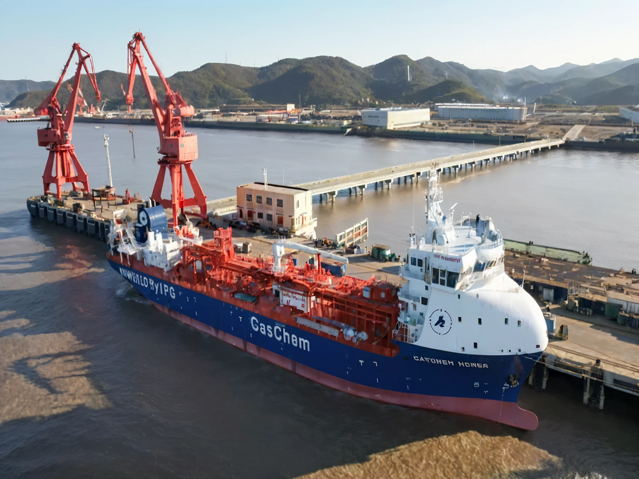 (highres,photorealistic),transportation ship on the sea,crystal clear water,blue sky,gentle waves,seagulls flying in the distance,large cargo ship,steaming chimney stacks,massive metal structure,ship's deck covered with containers,impressive size and scale,strong and sturdy body,reflection of the ship on the calm sea surface,powerful propellers churning the water,streaks of white foam in the ship's wake,sailors bustling on board,flags fluttering in the wind,distant coastline on the horizon,lush green hills,tranquil and peaceful atmosphere.