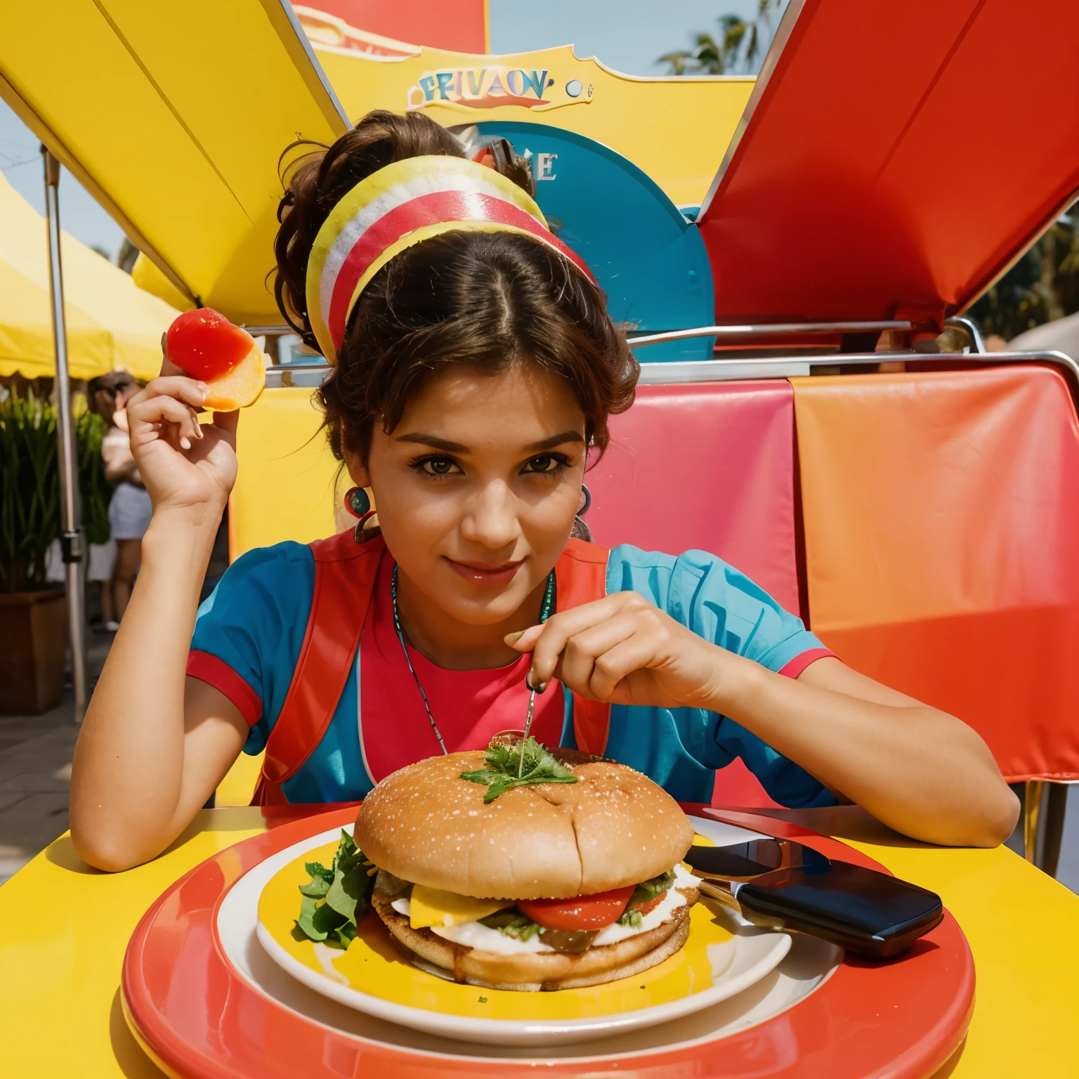 Logo de feria con comida, retro, 80s, colorido, divertido,  