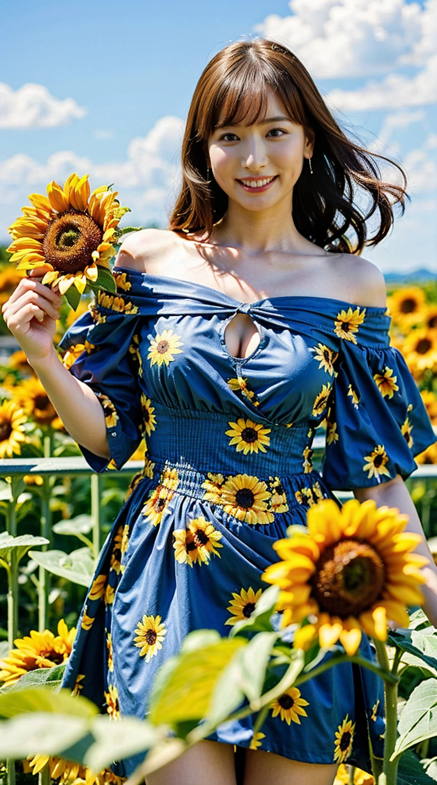 masterpiece、Very detailed,high school girl,smile,thick,a healthy woman,smile,(Off-the-shoulder sunflower print dress), ,Dynamite Body, Big Breasts,Straight long hair fluttering in the wind ,bangs , Bold Pose,Crouching pose,thigh , Realistic, High quality 8k, perfection, Best image quality,Earrings、Cleavage