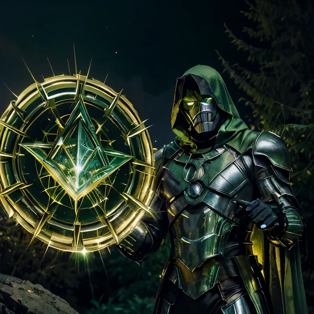 (The image shows) (Victor Von Doom) (in a mystical setting), (encased in his metallic armor) (in green and gold colors).  (Around him), (mystical portals open), (revealing diverse landscapes).  (Doom holds) (the Cosmic Cube) (in one hand) (and a magic scepter) (in the other), (while) (Castle Latveria) (is seen in the background).