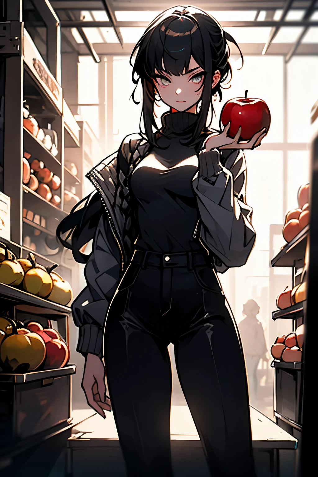 ((best quality)), ((artwork)), (detailed), perfect face thin woman , blue eyes, long curly black hair tied in a ponytail, wearing black jeans and a turtleneck sweater. The jacket was a thin black windbreaker, holding an apple