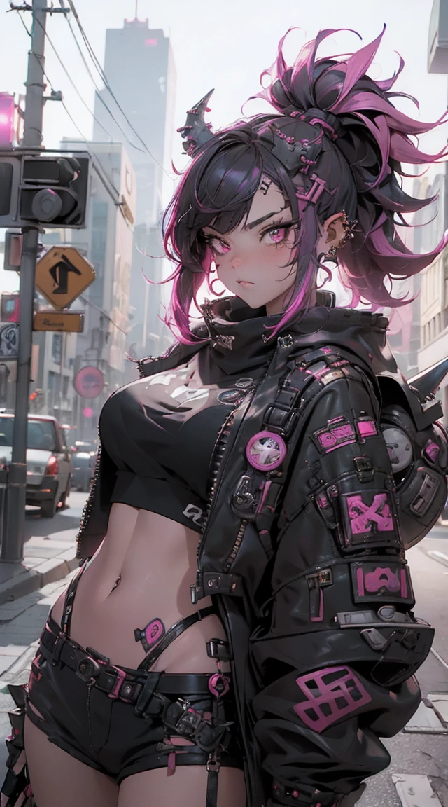 (highest quality、8k、32k、masterpiece、Hmph:1.3)、(Photorealistic:1.4),(Low Angle,Overlooking 1.5)18-year-old punk girl,Unusual punk hair,((Black and red punk fashion 1.5)),Studded clothing、Pink Hair,Wacky makeup、Night city background,Glare of street lamps、Lens flare、Written boundary depth,blurred background,,,,,,,,,,,,