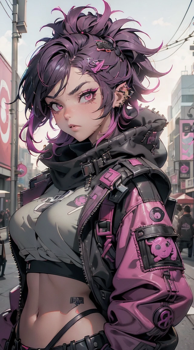 (highest quality、8k、32k、masterpiece、Hmph:1.3)、(Photorealistic:1.4),(Low Angle,Overlooking 1.5)18-year-old punk girl,Unusual punk hair,((Black and red punk fashion 1.5)),Studded clothing、Pink Hair,Wacky makeup、Night city background,Glare of street lamps、Lens flare、Written boundary depth,blurred background,,,,,,,,,,,,