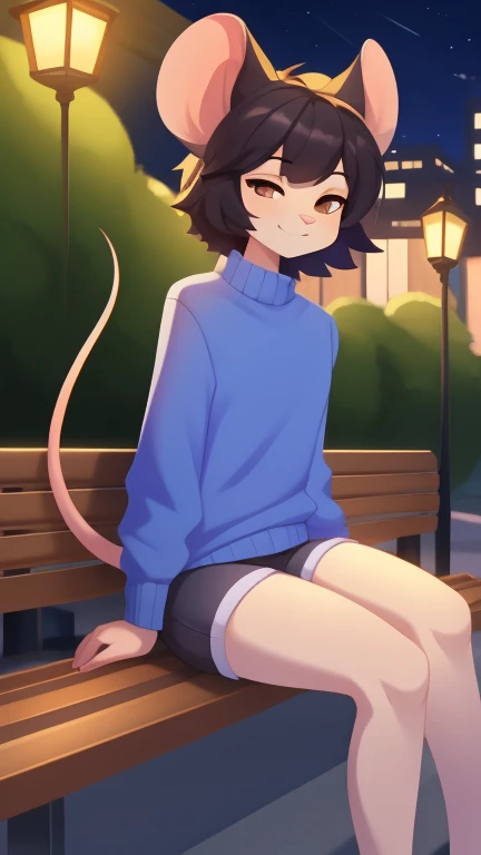 Best quality, super detailed illustration, warm colors, Ideal lighting, (fluffy mouse boy:1.4), white fur, feminine face and body, disheveled thick hair, short shorts, blue long-sleeve sweater, sitting on a bench in the park by the light of a lamppost, at night,smug smile, half-closed eyes , femboy, slim, perfect body, style "DND"