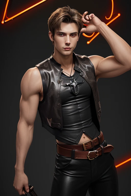 25 year old man light brown hair honey eyes complexion muscular slim black t-shirt bat print black leather vest black pants black belt with cross buckle new orleans city background holding a blood red neon dagger