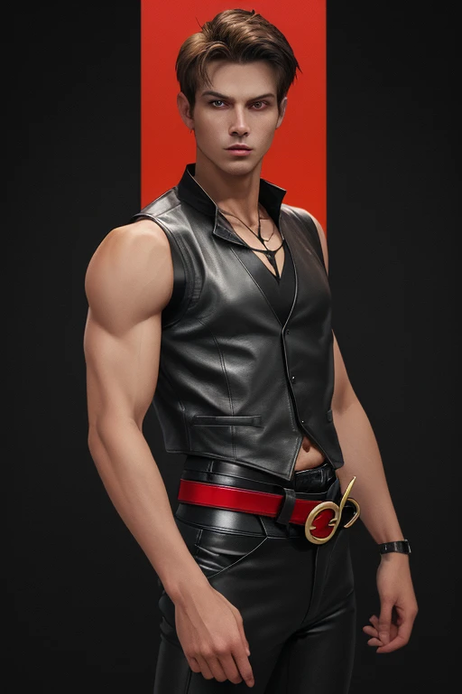 25 year old man light brown hair honey eyes complexion muscular slim black t-shirt bat print black leather vest black pants black belt with cross buckle new orleans city background holding a blood red neon dagger
