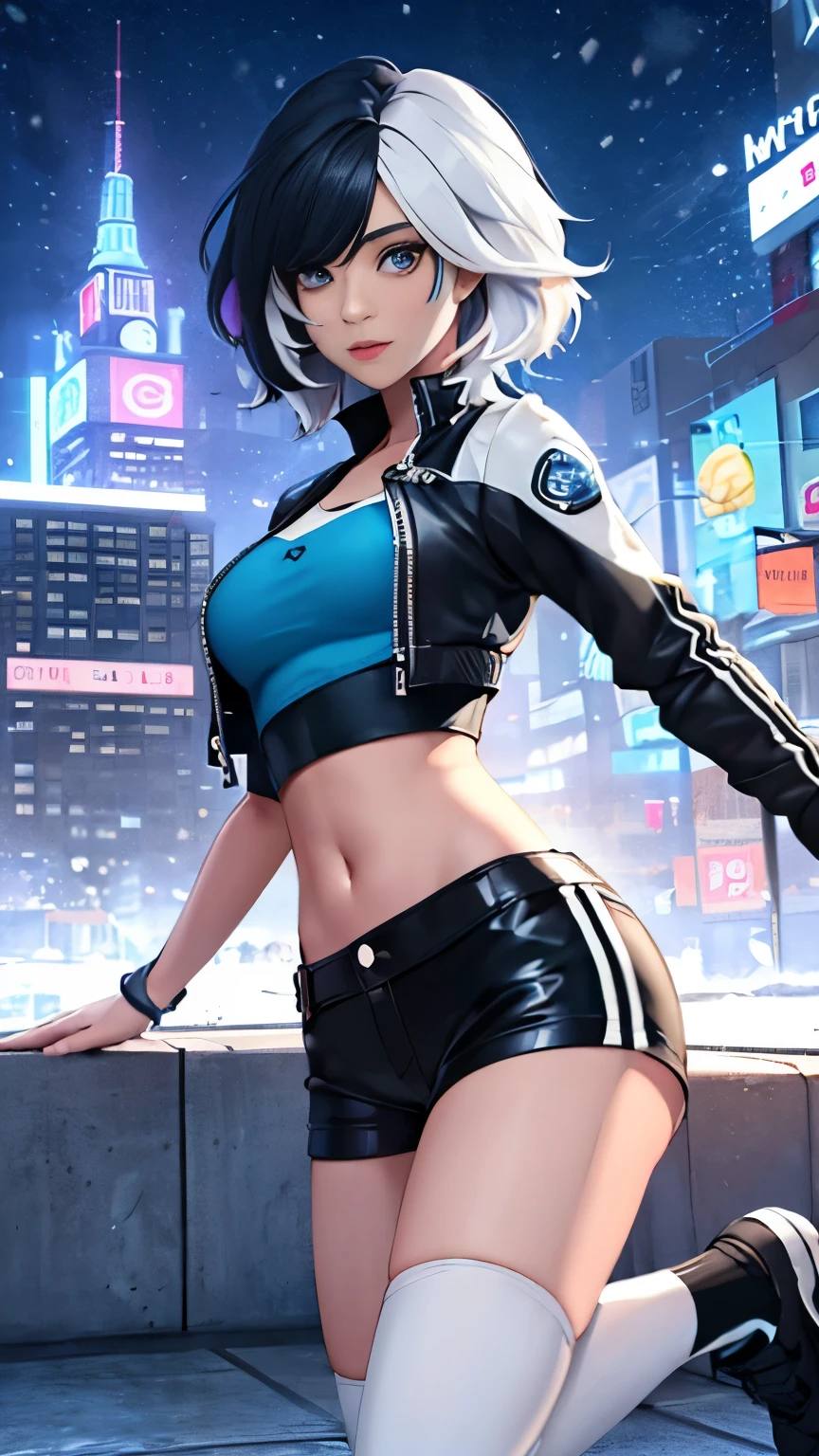 (Highly quality, masterpiece, detailed), night snowing city detailed scenario, night snowing city detailed background, 20 years old girl, solo, luna_snow, black hair, white hair, multi-colored hair, short hair, blue eyes, white eyes, multicolored eyes, black Leather crop top jacket, white leather shorts, white midriff, blue midriff, multicolored midriff, black footwear, white socks, blue socks, navel, perfect face, beautiful eyes, looking at the viewer, Sexy pose