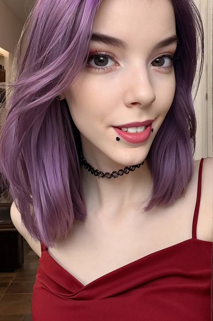 EvieSunsett, woman, black choker, lip piercing, purple hair, Modest red dress, house background, Half Body, Close up,