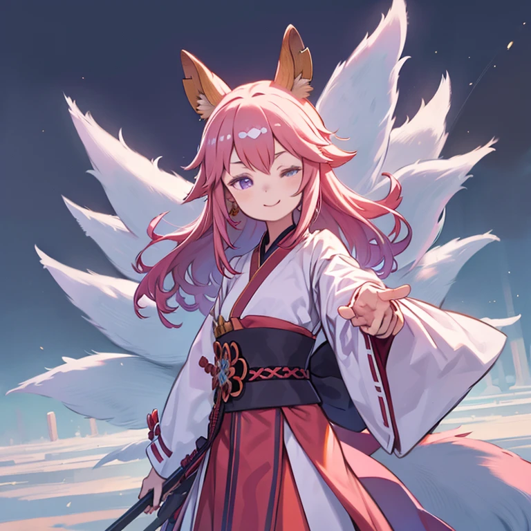 masterpiece, highest quality, One girl, alone, whole body, Genshin Impact, Yae Miko, One girl, Animal ears, branch, chest, Mouth closed, Cowboy Shot, Earrings, Fox Ears, kimono, jewelry, Long Hair, View your viewers, medium chest, Non-traditional Shrine Maiden, Pink Hair, Purple eyes, Sleeves edged with ribbon, Ribbon trim, Side Lock, smile, alone, Wide sleeves, Dynamic pose, Little