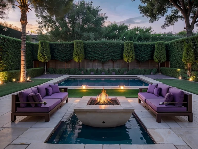 A luxurious purple villa with garden, fire pit, daybed and pool