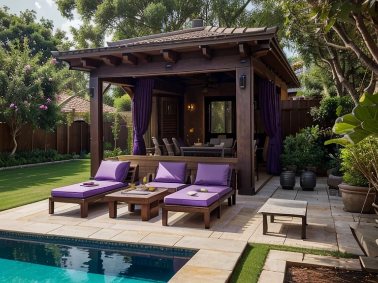 A luxurious purple villa with garden, fire pit, daybed and pool 