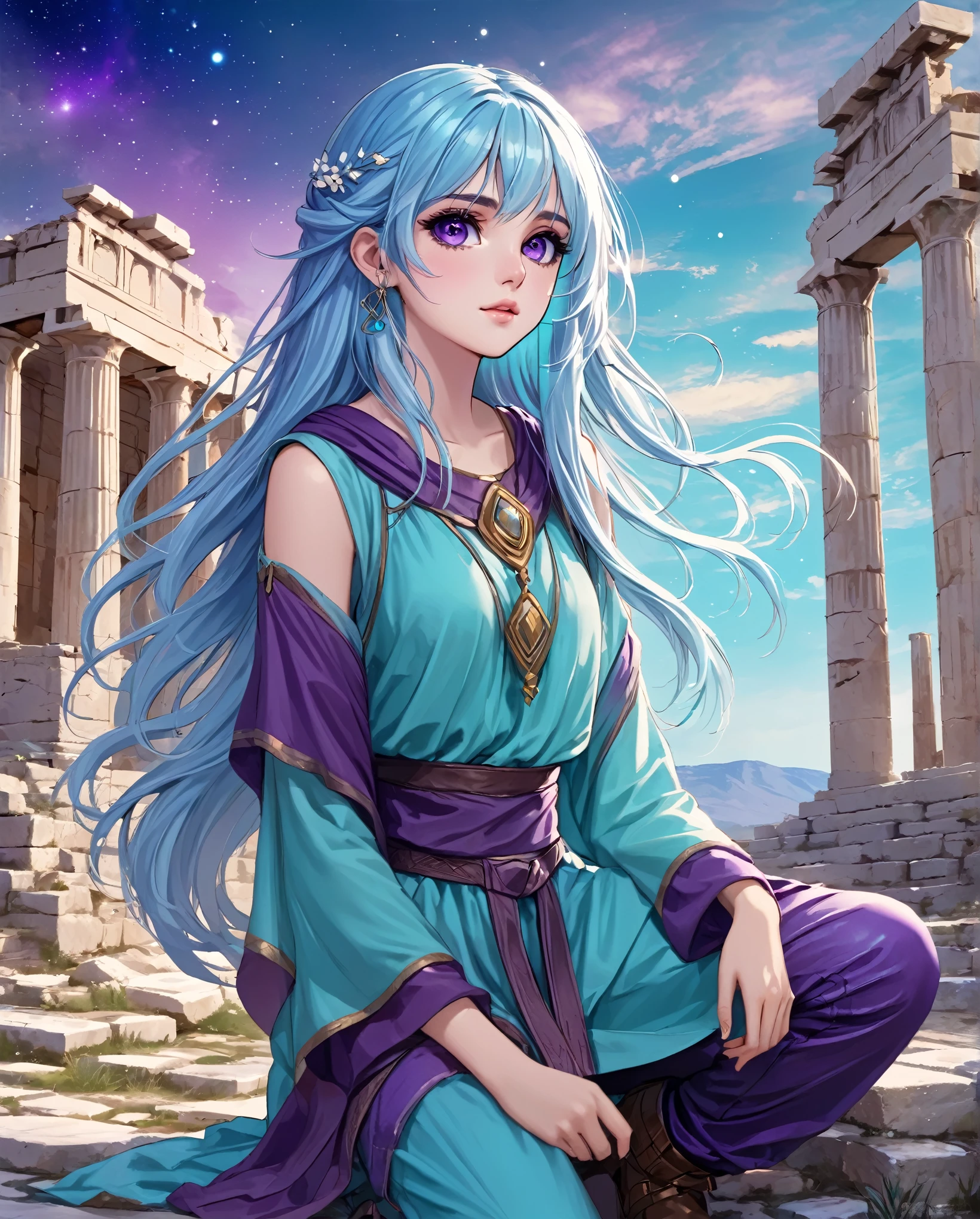 Masterpiece. High-resolution. 1girl about 20 years old. Pretty beautiful girl. Pretty big purple eyes. Delicate face. Beautiful face. (((Long light blue hair))). Straight hair. Messy hair. Hair bangs. Turquoise tunic. Purple tide pants. Leather boots. Greek ruins background with cosmic Sky.