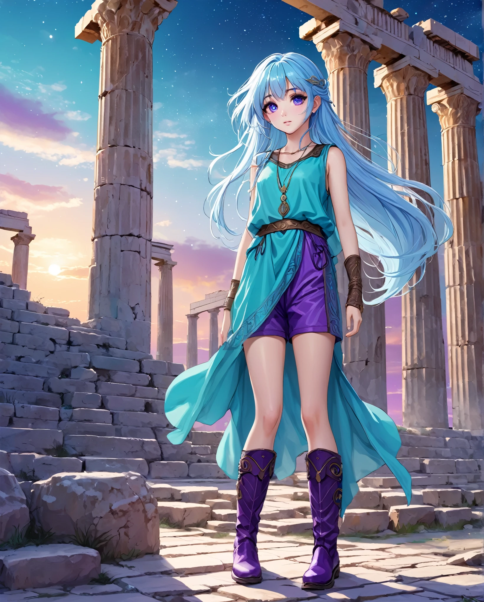 Masterpiece. High-resolution. 1girl about 20 years old. Pretty beautiful girl. Pretty big purple eyes. Delicate face. Beautiful face. (((Long light blue hair))). Straight hair. Messy hair. Hair bangs. Turquoise tunic. Purple tide pants. Leather boots. Greek ruins background with cosmic Sky.