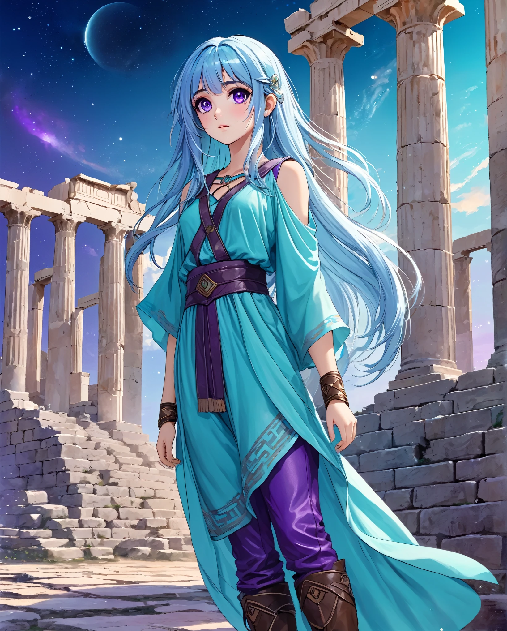 Masterpiece. High-resolution. 1girl about 20 years old. Pretty beautiful girl. Pretty big purple eyes. Delicate face. Beautiful face. (((Long light blue hair))). Straight hair. Messy hair. Hair bangs. Turquoise tunic. Purple tide pants. Leather boots. Greek ruins background with cosmic Sky.