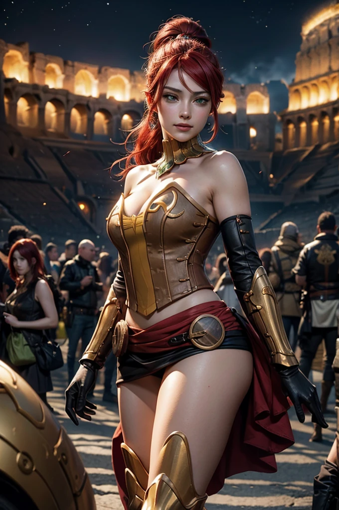 stunning girlfriend, heart shaped face, elegant face, beautiful face, highly detailed face, highly detailed skin, skin pores, subsurface scattering, realistic pupils, full lips, detailed background, depth of field, atmospheric perspective, volumetric lighting, sharp focus, absurdres, realistic proportions, good anatomy, (realistic, hyperrealistic:1.4), 16k hdr, ((best quality)), ((highly detailed)), absurdres, (detailed eyes, deep eyes), (1girl), full body, pyrrha nikos, rwby, red hair, ponytail, green eyes, medium breasts, smiling, circlet, bustier, bare shoulders, skirt, elbow gloves, bracers, armored boots, (night, stars, inside Colosseum, crowd, (crowd wearing traditional Greek clothing))