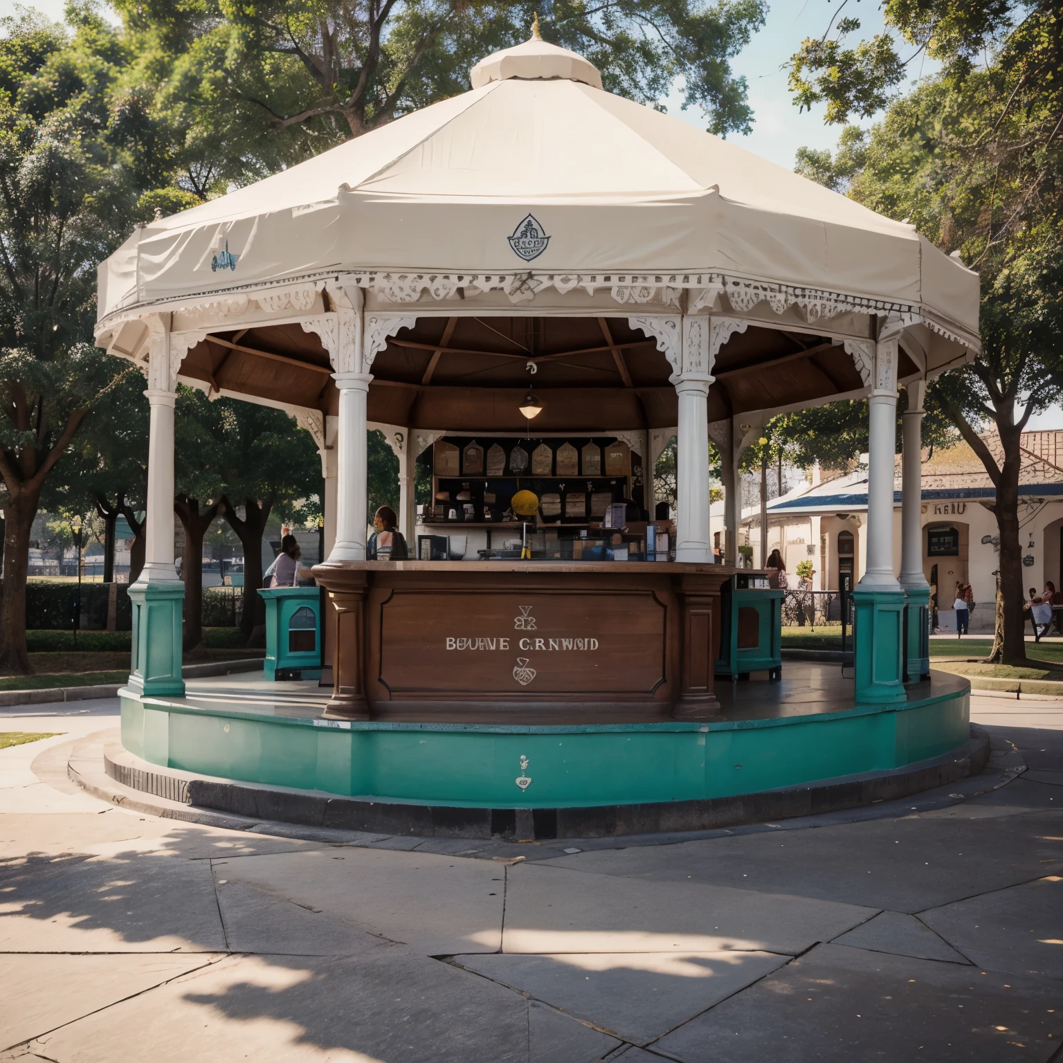 Preciso de um desenho em croqui, of a square that has a bandstand or round stage in the center and some food truck cars around it