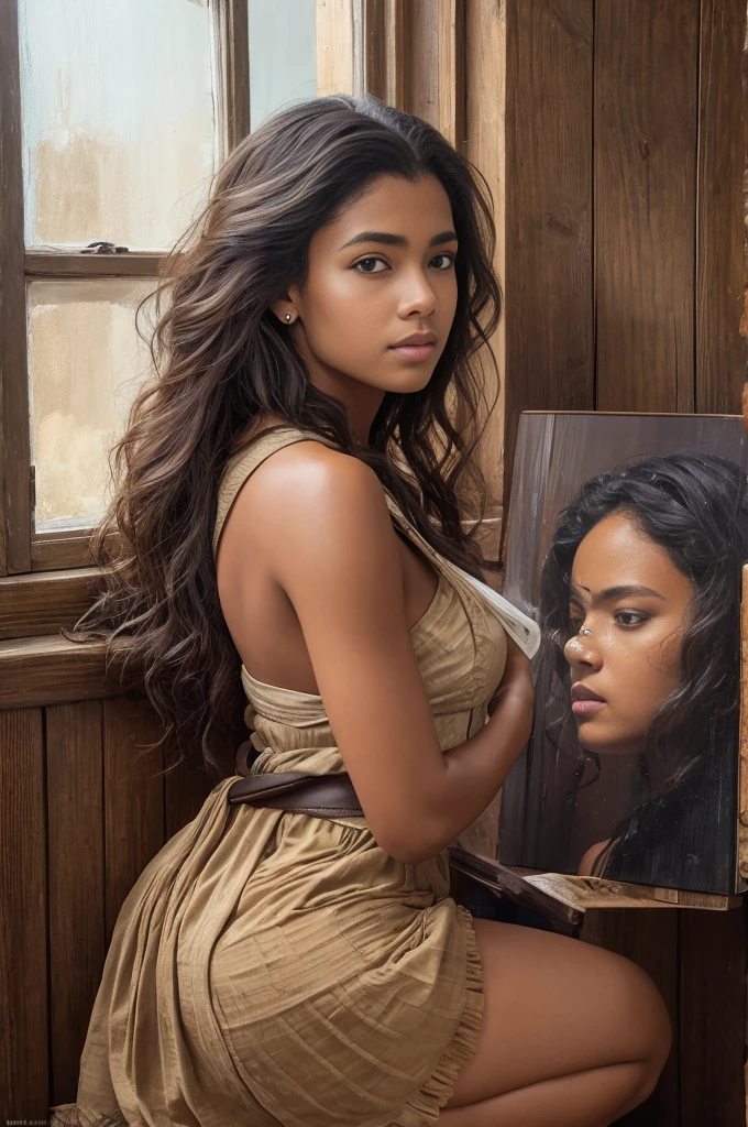 (masterpiece, 8K, oil painting, Greg Rutkowski style:1.3), Sally Hemings, (tanned skin:1.2), deep-set (brown eyes:1.1), 18th-century slave attire, simple cotton dress, blank expression, rustic cabin background, wooden furnishings, earthen pottery, vibrant colors, (warm light filtering through window:1.2), painterly brushstrokes, detailed, frontal view, waist-up